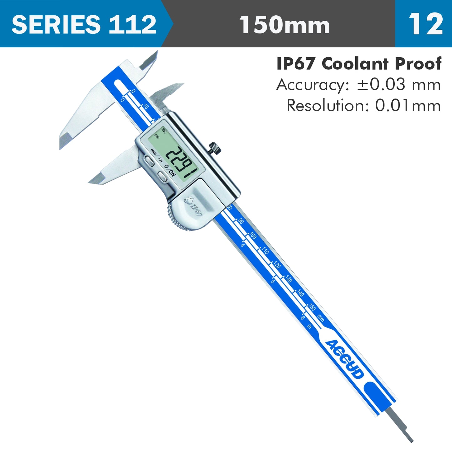 DIG. CALIPER 150MM 0.03MM ACC. IP67 LEVEL 0.01MM RES.