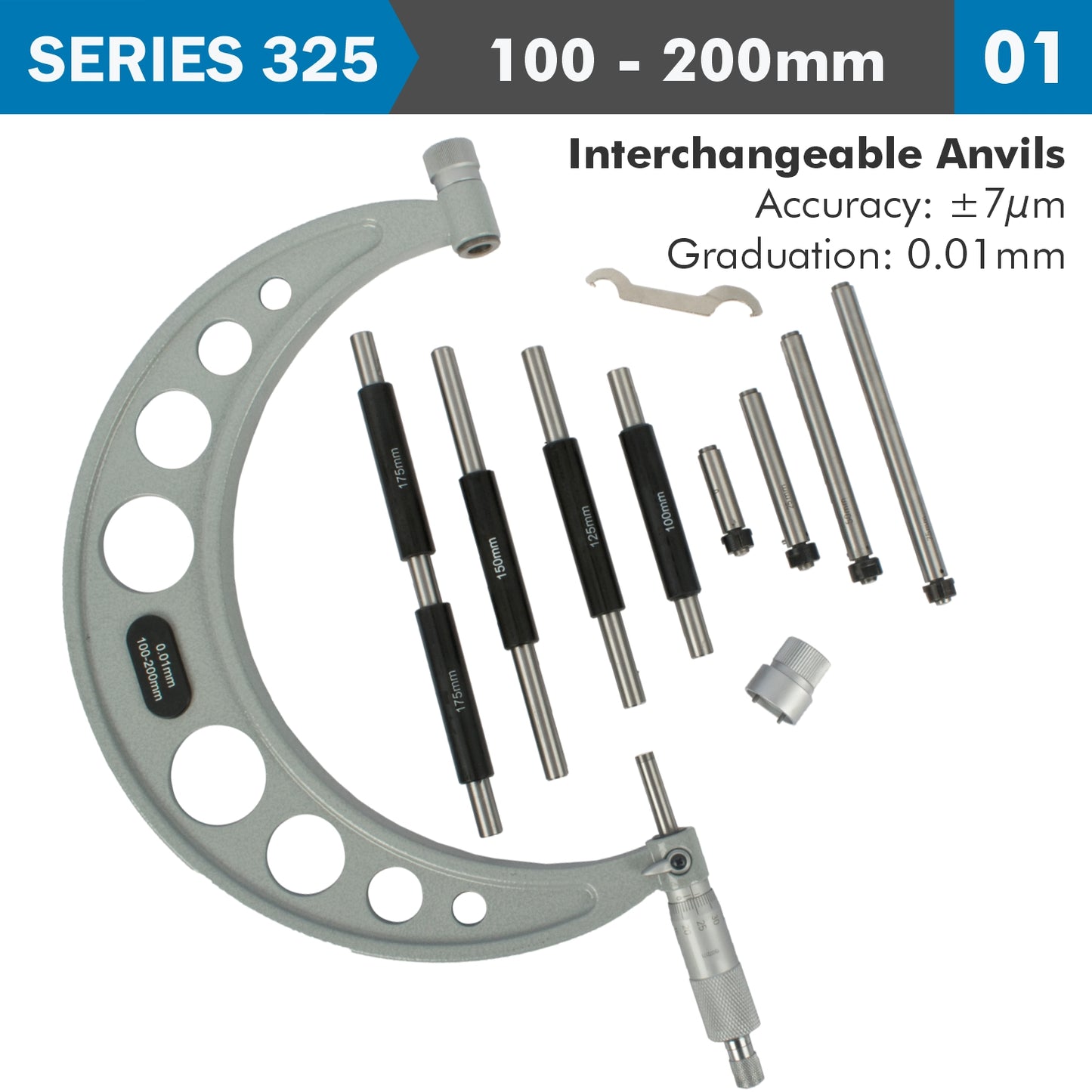 OUTSIDE MICROMETER 100-200MM 0.004MM ACC. 0.01MM GRAD. WITH INTERCH. A