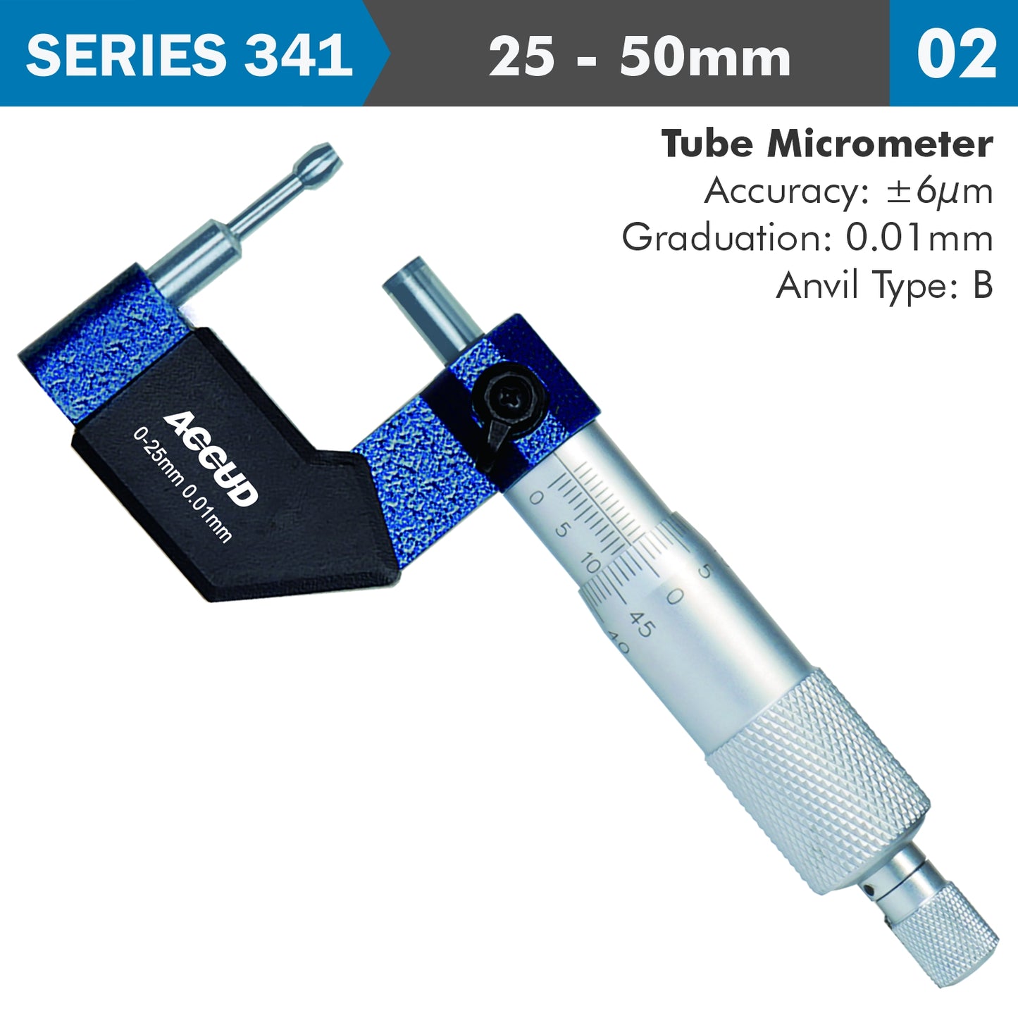 TUBE MICROMETER 25-50MM 0.006MM ACC. 8X3.4MM ANVIL 0.01MM GRAD.