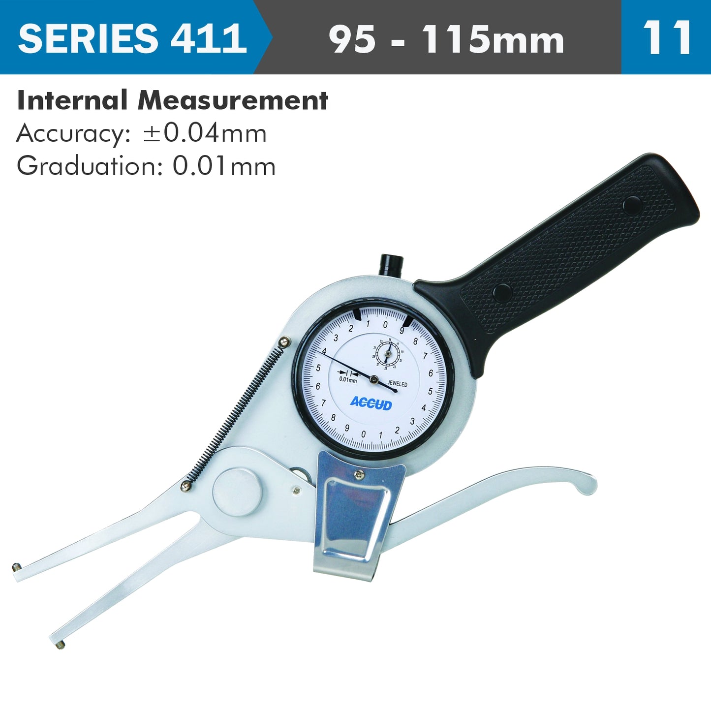 INT. DIAL CALIPER GAUGE 95-115MM 0.04MM ACC. 0.01MM GRAD. JAW LENGTH 1