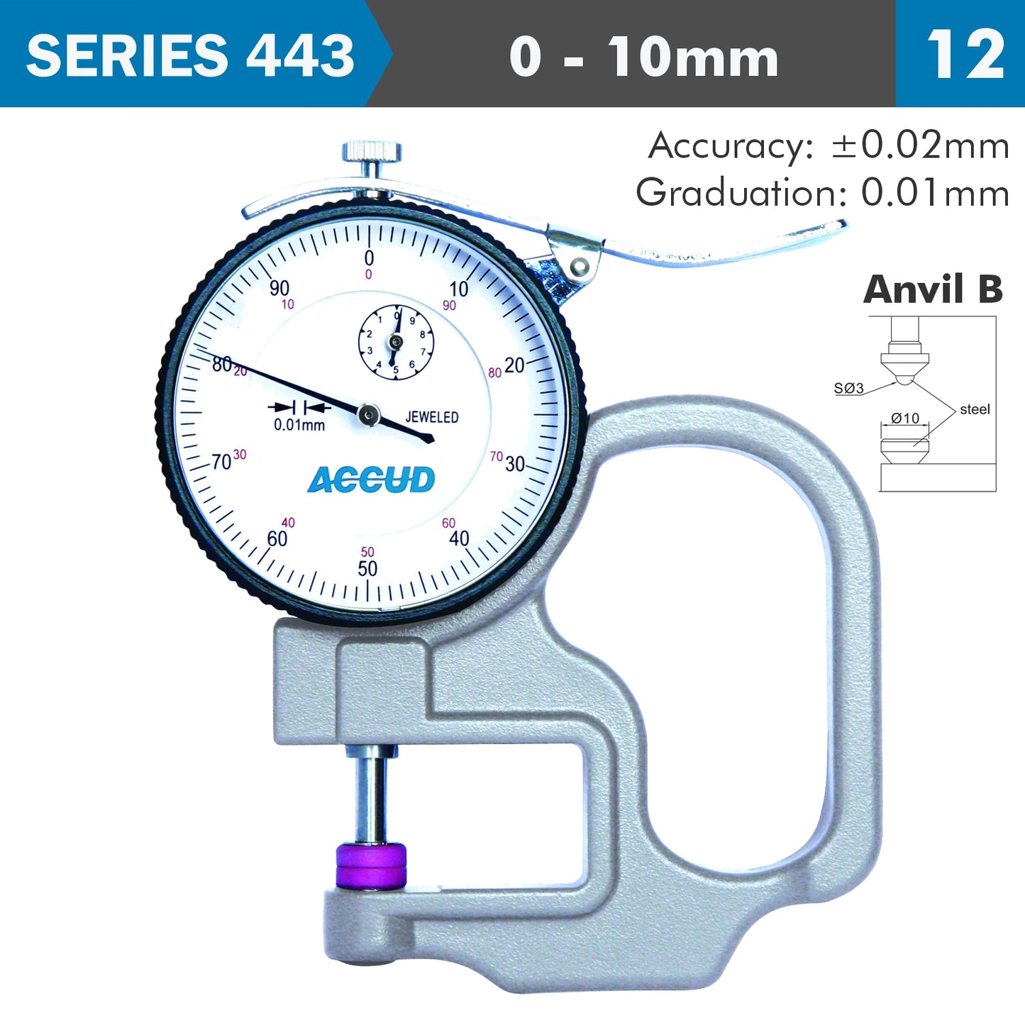 THICKNESS GAUGE 10MM 0.02MM ACC. STEEL ANVIL 0.01MM GRAD.