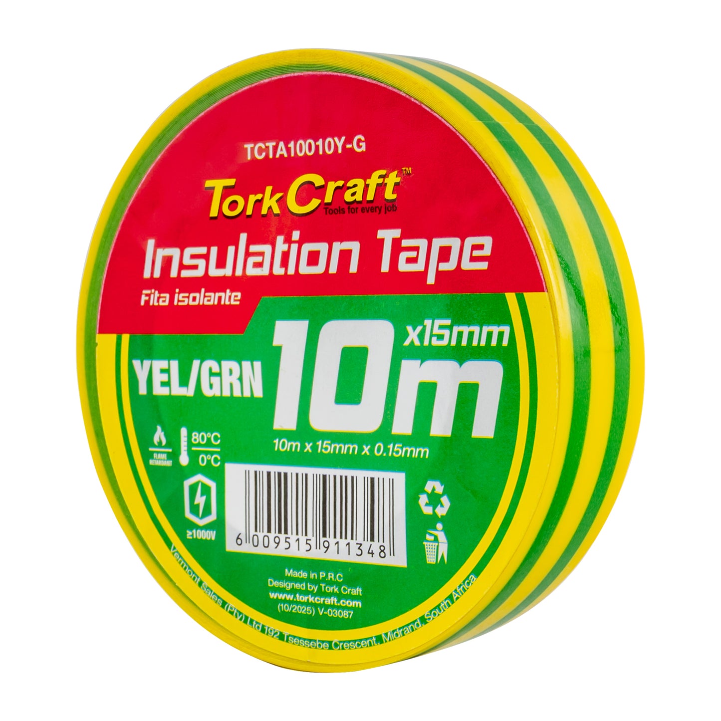 0.15MMX15MMX10M YELLOW AND GREEN INSULATION TAPE
