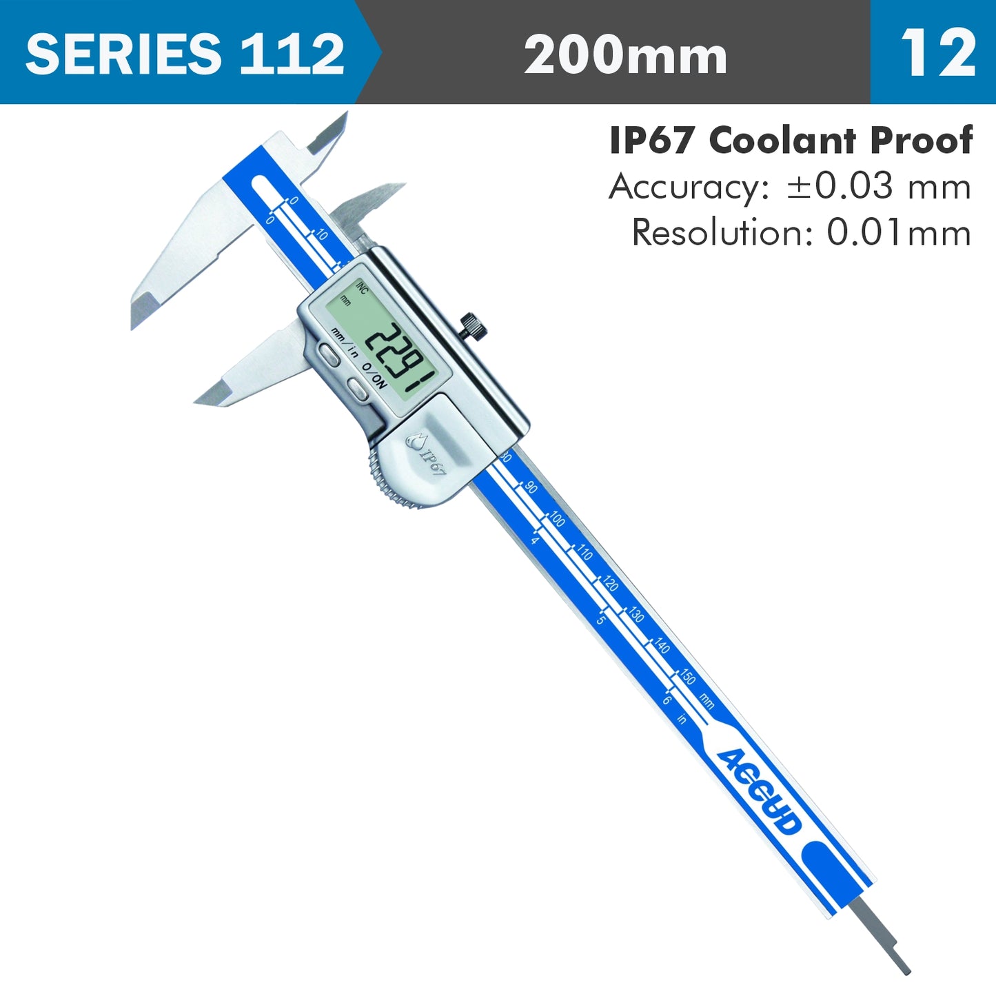 DIG. CALIPER 200MM 0.03MM ACC. IP67 LEVEL 0.01MM RES.