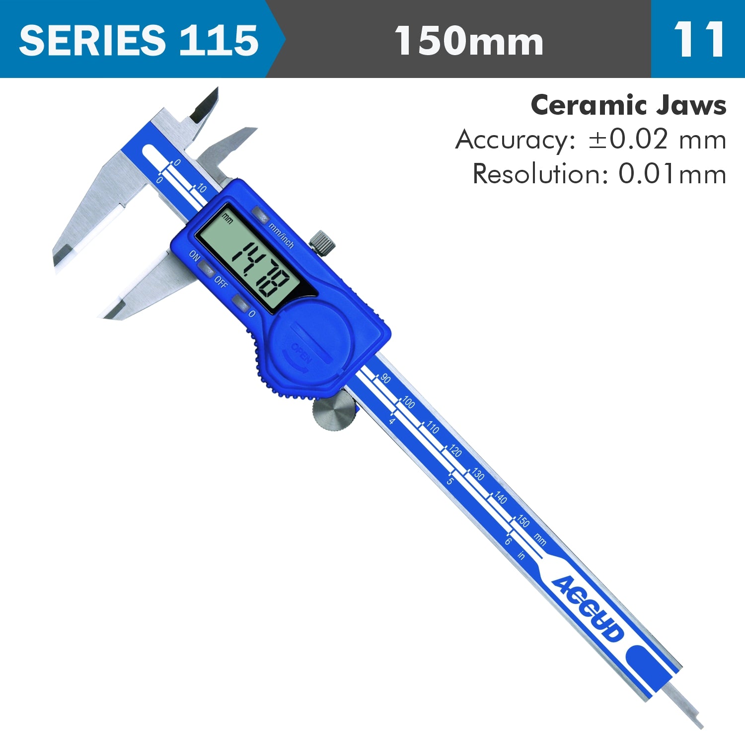 DIG. CALIPER 150MM 0.02MM ACC. CERAM. JAWS S/STEEL 0.01MM RES.