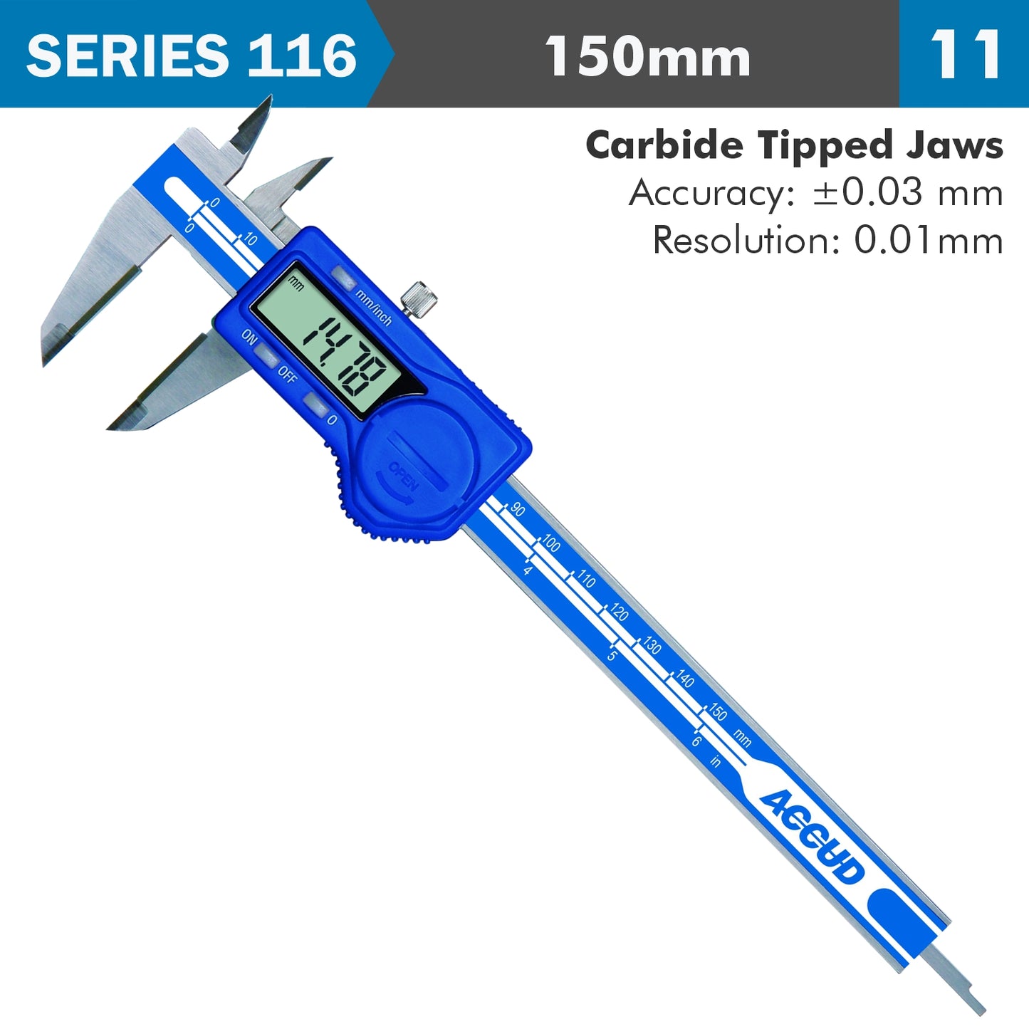 DIG. CALIPER 150MM 0.03MM ACC. TCT JAWS S/STEEL 0.01MM RES.