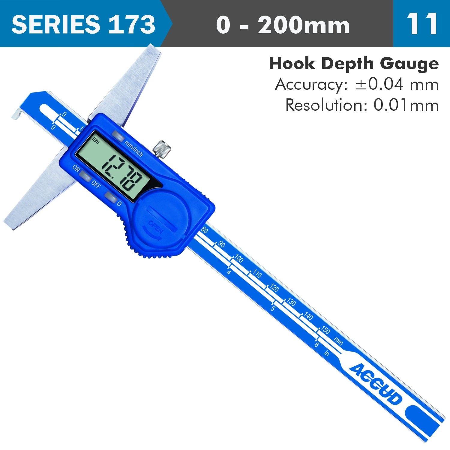 DIG. CALIPER 200MM 0.04MM ACC. HOOK DEPTH 0.01MM RES. S/STEEL