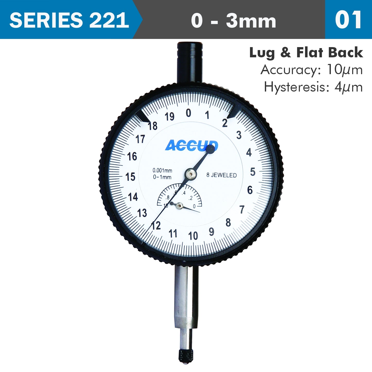 DIAL INDICATOR 3MM 0.001MM GRAD. LUG&FLAT BACK