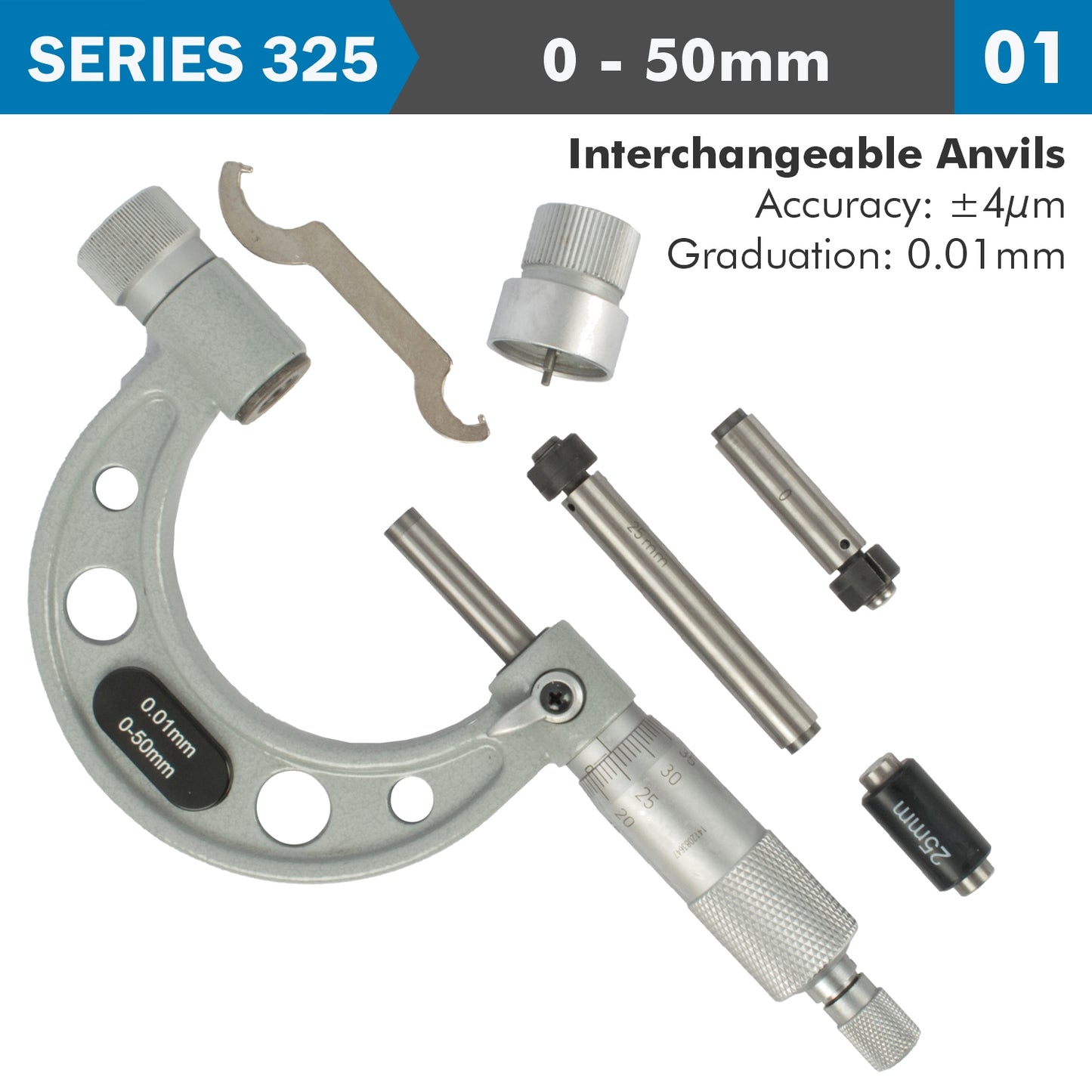 OUTSIDE MICROMETER 50MM 0.004MM ACC. 0.01MM GRAD. WITH INTERCH. ANVILS