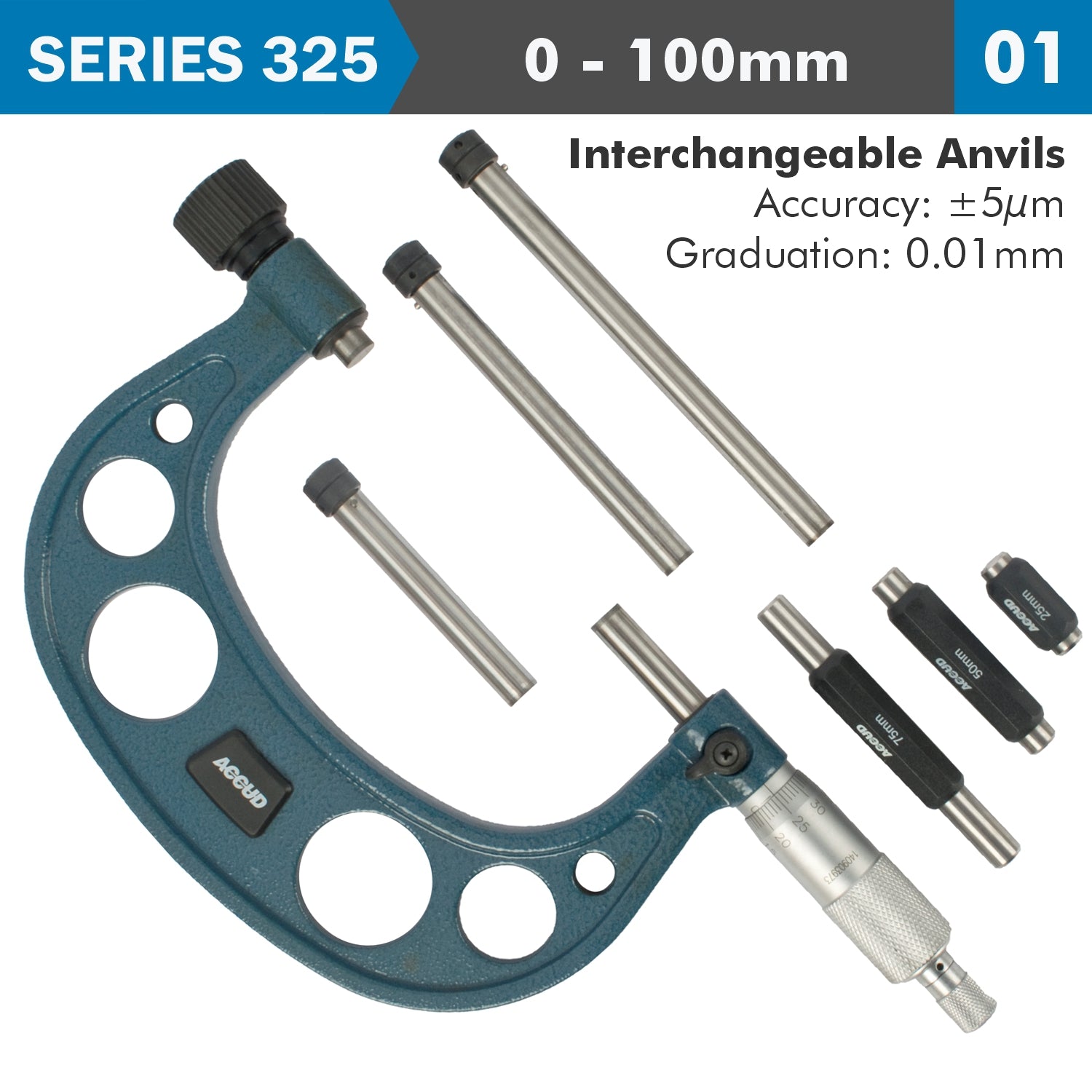 OUTSIDE MICROMETER 100MM 0.004MM ACC. 0.01MM GRAD. WITH INTERCH. ANVIL