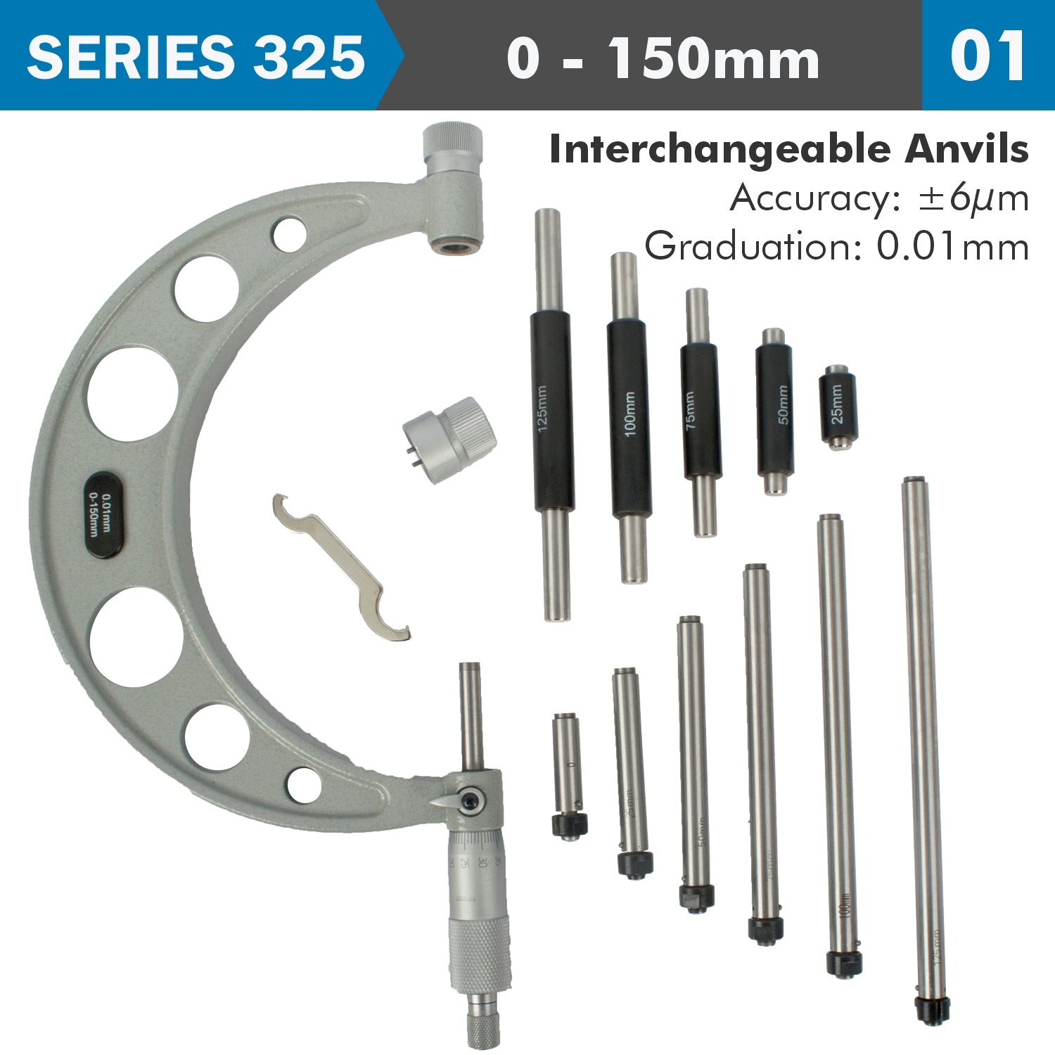 OUTSIDE MICROMETER 150MM 0.004MM ACC. 0.01MM GRAD. WITH INTERCH. ANVIL