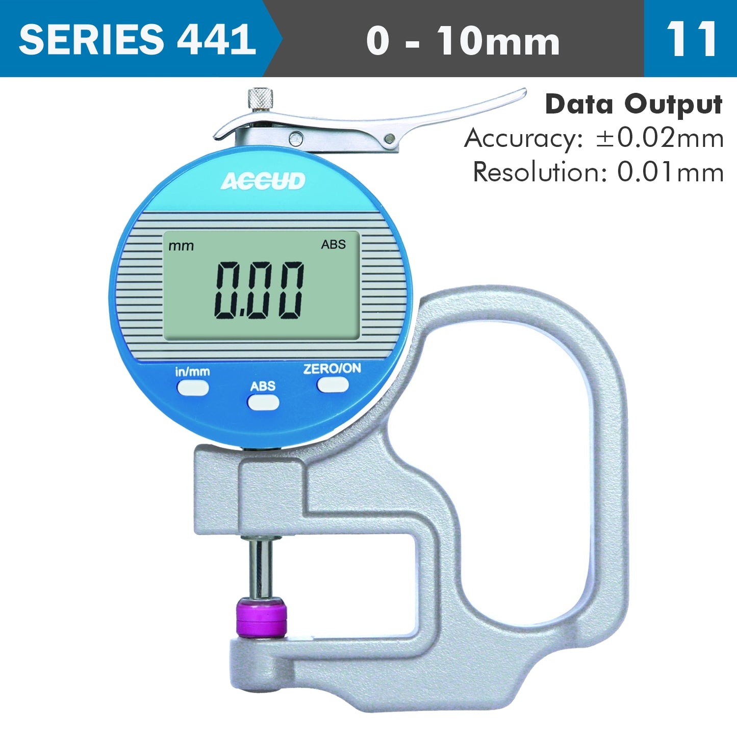 DIG. THICKNESS GAUGE 10MM 0.02MM ACC. 0.01MM RES. CERAMIC ANVIL