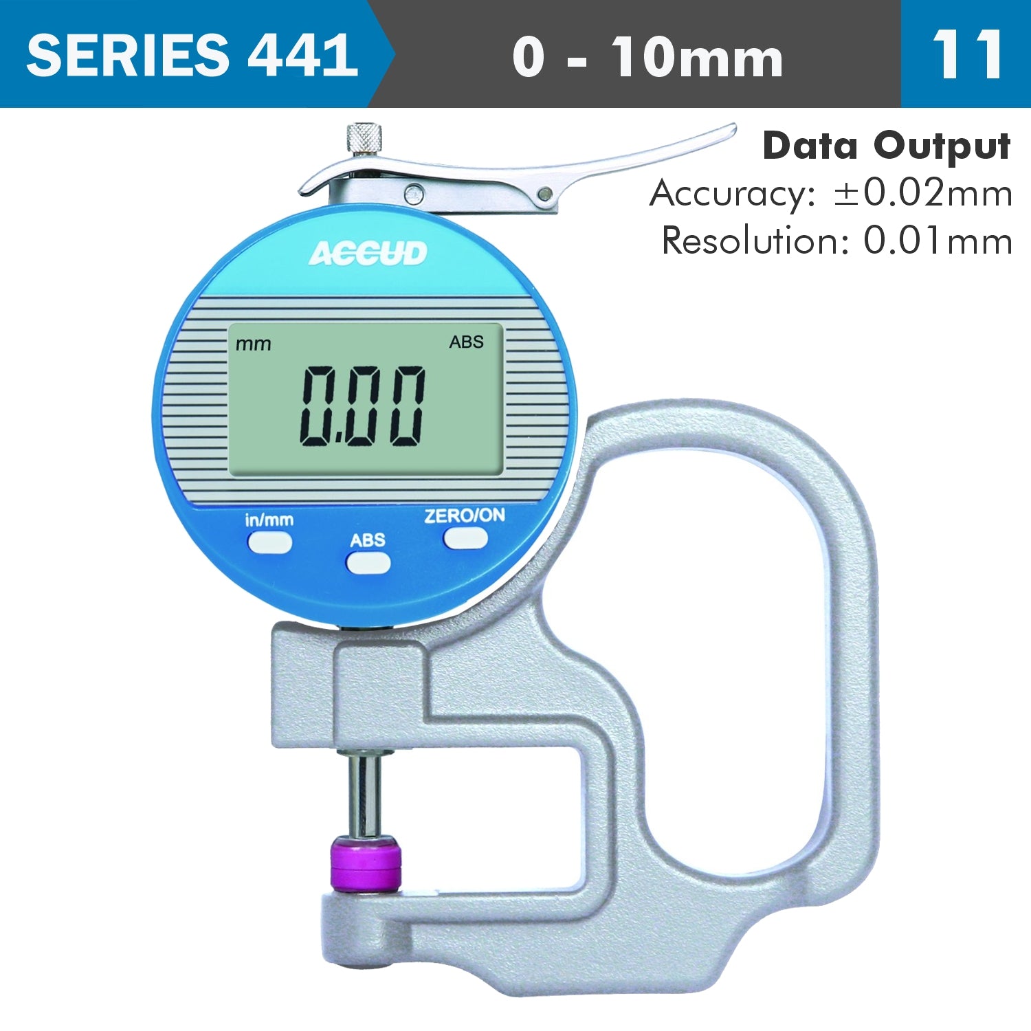 DIG. THICKNESS GAUGE 10MM 0.02MM ACC. 0.01MM RES. CERAMIC ANVIL