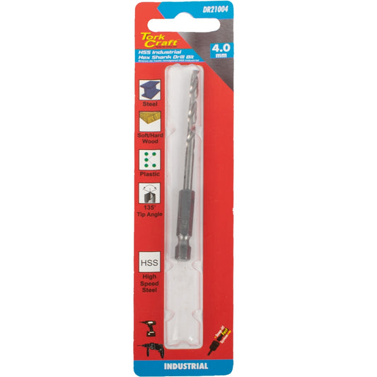 DRILL HSS 4.0MM 135DEG 1/CARD HEX SHANK INDUSTRIAL BIT