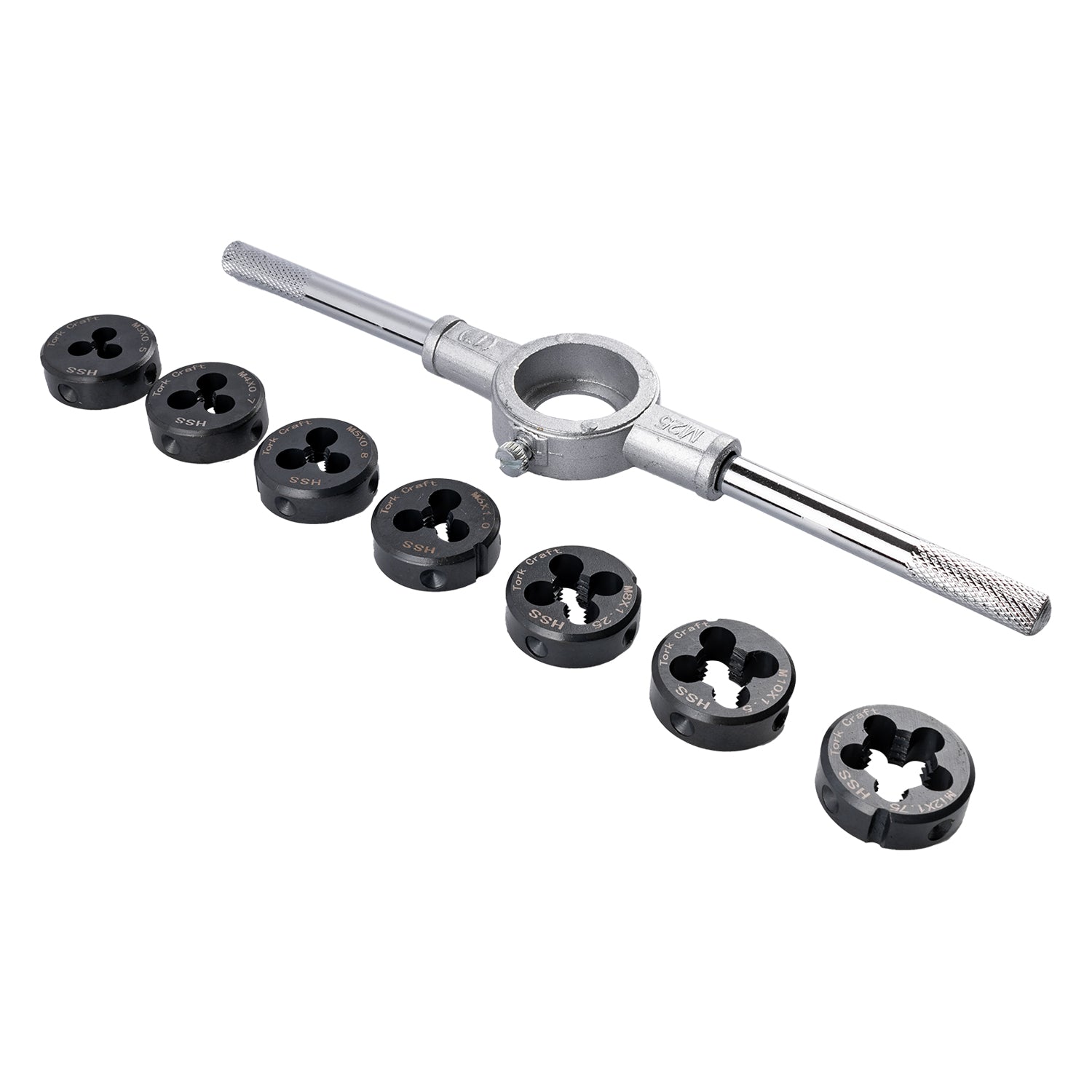 DIE HSS M3 - M12 AND DIE HOLDER SET 8PCE 3-12MM CARDED