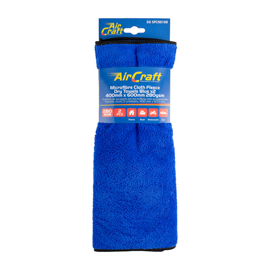 MICROFIBRE CLOTH FLEECE DRY TOWEL BLUE 400MM X 600MM 280GSM 2PC