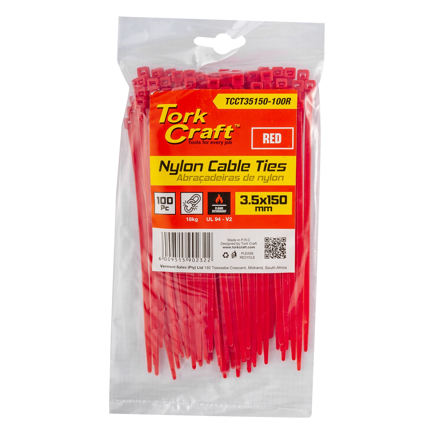 NYLON CABLE TIES 3.5MM x 150MM RED 100PC