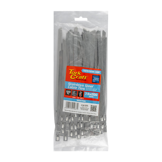 S/STEEL CABLE TIES SS304 7.9MM X 200MM NATURAL 100PC