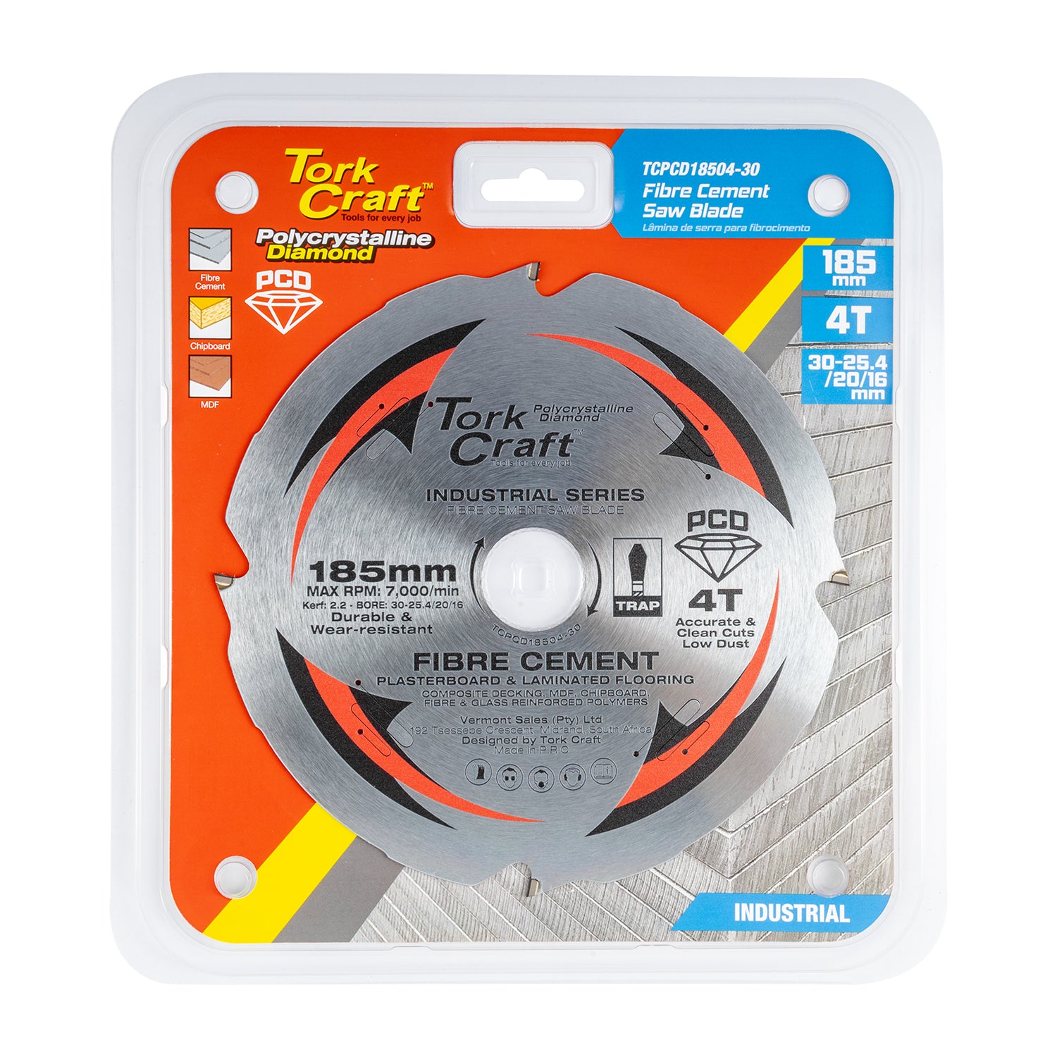 PCD SAW BLADE 185MM X 4T X 30/20/16MM FIBRE CEM. MDF CHIPBOARD