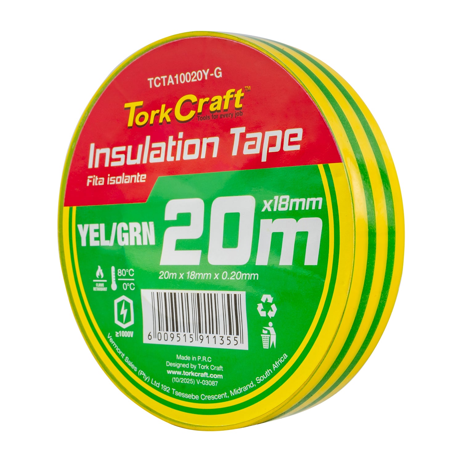 0.20MMX18MMX20M YELLOW AND GREEN INSULATION TAPE