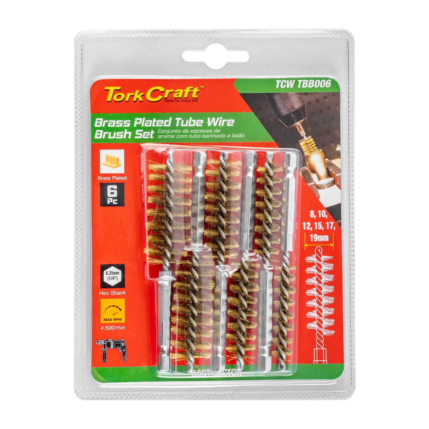 TUBE BRUSH 6PC SET BRASS WIRE 6,35MM HEX SHANK