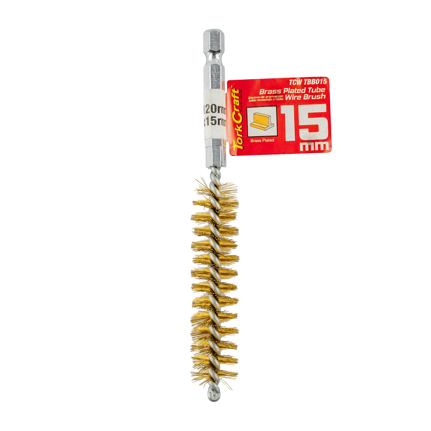 TUBE BRUSH 15MM X 120MM BRASS WIRE 6,35MM HEX SHANK